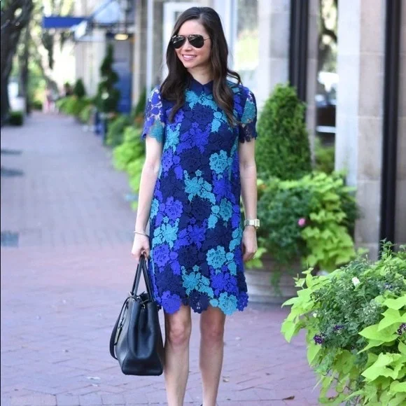 Draper James June Floral Lace Short Sleeve Dress Blue Teal Navy Sz 6 - Picture 3 of 15